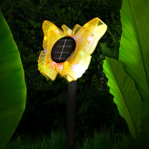 11749B • Leszúrható szolár pillangó - sárga - 13 x 6,5 x 35 cm - melegfehér + színes LED