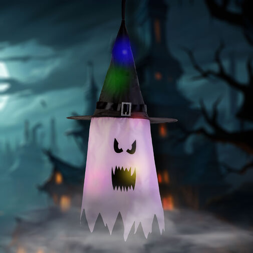 56569B • Halloween-i LED dekor - szellem - rózsaszín - 10 színes LED - akasztható - 2 x 2032 - 75 x 35 cm