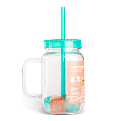 57160R • Szívószálas pohár - zöld - 4 db hűthető jégkockával, 550ml,  17 x 7.5 x 13.5 cm