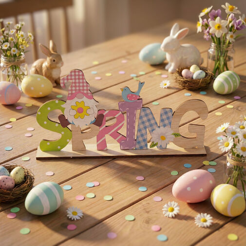 57968B • Tavaszi fekvő asztaldekoráció fából - manós 